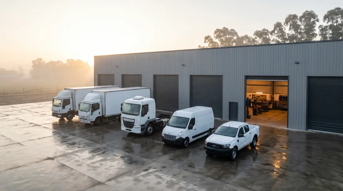 Flota de camiones, utilitarios y pick-up frente al taller