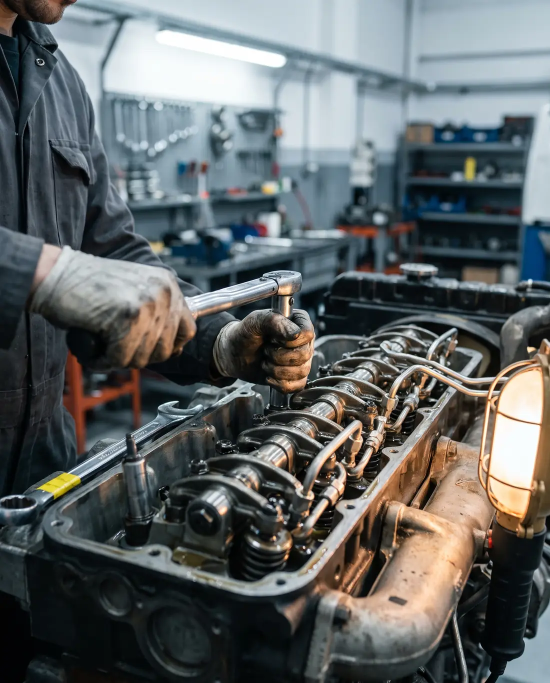 Mecánico ajustando la tapa de cilindros de un motor diésel de camión